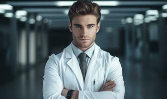 uma jovem bonito homem vestindo uma médico uniforme com cruzado braços olhando às a Câmera. foto