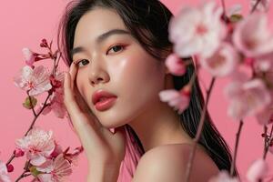 ai gerado coreano beleza modelo com sem falhas pele e Primavera flores. generativoai foto