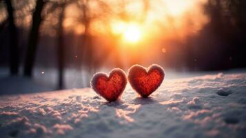 ai gerado dois vermelho corações ligado juntos dentro Nevado dia dos namorados ambiente foto