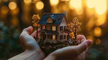 ai gerado mão segurando iluminado miniatura casa às pôr do sol. foto