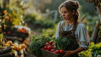 ai gerado jovem fêmea agricultor segurando fresco vegetal colheita foto