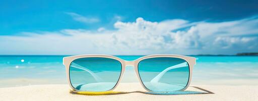 ai gerado elegante oculos de sol refletindo tropical de praia e azul oceano foto