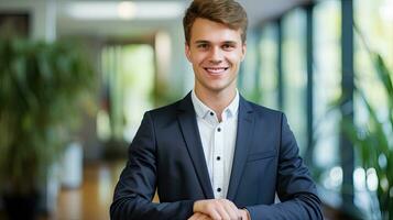 ai gerado jovem homem de negocios sorridente dentro corporativo escritório contexto. foto