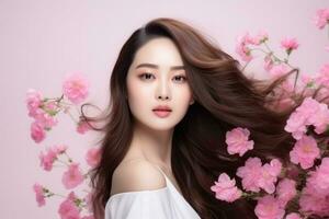 ai gerado coreano beleza modelo com sem falhas pele e Primavera flores. foto