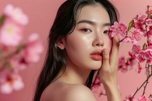 ai gerado coreano beleza modelo com sem falhas pele e Primavera flores. generativoai foto