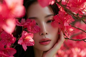 ai gerado coreano beleza modelo com sem falhas pele e Primavera flores. foto