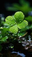 ai gerado orvalhado quatro folhas trevo perfeito para st. patrick's dia foto