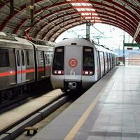 Novo Délhi Índia - Outubro 09 2023 - Délhi metro trem A chegar às jhandewalan metro estação dentro Novo Délhi, Índia, Ásia, público metro partindo a partir de jhandewalan estação foto