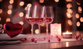 ai gerado romântico jantar com vinho, velas e corações em bokeh fundo foto