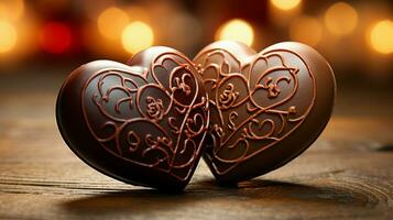 ai gerado dois coração forma chocolate, símbolo do amor, festivo elemento, feliz dia dos namorados dia, publicidade material foto