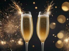 ai gerado óculos do champanhe com respingo e fogo de artifício pronto para trazer dentro a Novo ano 2024 foto