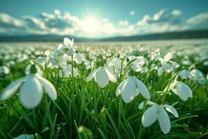 ai gerado uma lindo campo do branco snowdrops dentro cheio florescer, uma símbolo do inverno fim, debaixo uma Claro azul céu, grande e sereno, vibrante verduras e puro brancos foto