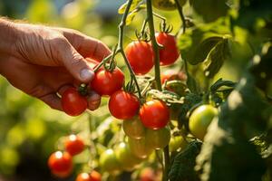 ai gerado fechar-se do uma mão colheita uma maduro, fresco tomate a partir de a videira dentro uma iluminado pelo sol jardim, destacando a vibrante vermelho cor e natural configuração foto