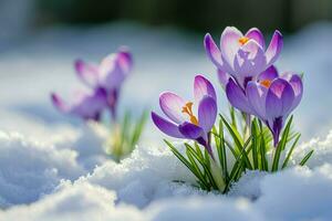 ai gerado florescendo roxa açafrões emergente a partir de debaixo uma cobertor do Derretendo neve, simbolizando a chegada do cedo primavera, vibrante roxa contra a branco neve foto