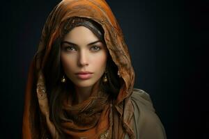 ai gerado uma muçulmano mulher vestindo tradicional hijab lenço de cabeça roupas em Sombrio fundo. foto