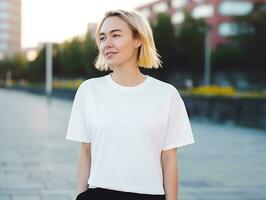 ai gerado atraente jovem mulher vestindo em branco esvaziar grande demais branco camiseta brincar para Projeto modelo foto