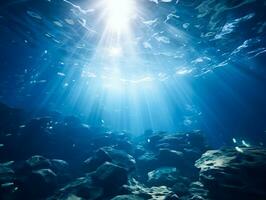 ai gerado embaixo da agua oceano azul abismo mergulho cena com natural mar vida e luz solar foto
