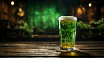 ai gerado vidro com verde Cerveja dentro dentro bar contador foto