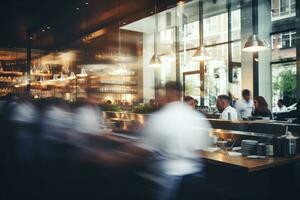 ai gerado borrado restaurante fundo com alguns pessoas comendo e chefs e garçons trabalhando. generativo ai foto