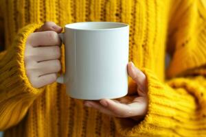 ai gerado uma mulher dentro uma amarelo suéter segurando uma em branco branco café caneca. generativo ai foto