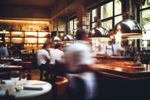 ai gerado borrado restaurante fundo com alguns pessoas comendo e chefs e garçons trabalhando. generativo ai foto