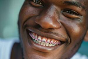 ai gerado africano americano pessoa com suspensórios sorridente. a conceito do moderno odontologia. generativo ai foto