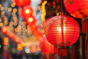 ai gerado chinês Novo ano lanternas dentro China cidade. generativo ai foto