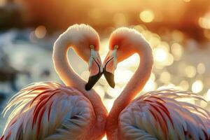 ai gerado dois flamingos voltado para cada outro, coração em forma fundo. generativo ai foto