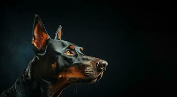 ai gerado fechar-se do uma doberman pinscher em uma Sombrio fundo, estúdio retrato do uma cachorro com cópia de espaço para publicidade uma veterinário ou cachorro Comida foto