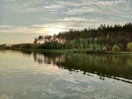 lago e floresta dentro pôr do sol, pitoresco papel de parede foto