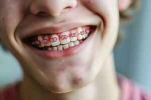 ai gerado adolescente homem com suspensórios sorridente boca fechar acima a conceito do moderno odontologia. generativo ai foto