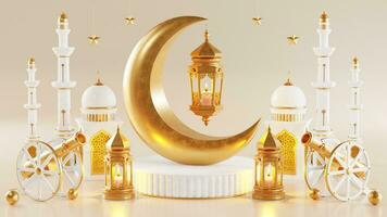 3d Ramadã kareem pódio com dourado lua Estrela e lanterna, mesquita porta islâmico padrão, árabe café Panela, encontro Palma fruta, pódio Como luxo islâmico fundo. decoração para Ramadã kareem. foto