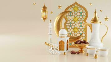 3d Ramadã kareem pódio com dourado lua Estrela e lanterna, mesquita porta islâmico padrão, árabe café Panela, encontro Palma fruta, pódio Como luxo islâmico fundo. decoração para Ramadã kareem. foto