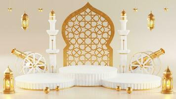 3d Ramadã kareem pódio com dourado lua Estrela e lanterna, mesquita porta islâmico padrão, árabe café Panela, encontro Palma fruta, pódio Como luxo islâmico fundo. decoração para Ramadã kareem. foto