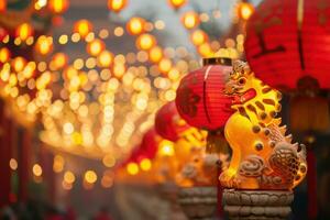 ai gerado chinês Novo ano lanternas dentro China cidade. generativo ai foto