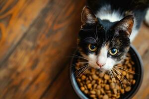 ai gerado topo visualizar, foto do uma gato comendo a partir de uma tigela do comida, cópia de espaço. generativo ai