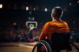 ai gerado internacional dia do esporte para desenvolvimento e paz, basquetebol corresponder, paralímpico jogos, cadeira de rodas basquetebol jogador foto