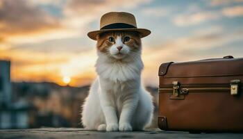 ai gerado fofa branco gato dentro uma chapéu e mala de viagem em a fundo do a pôr do sol foto