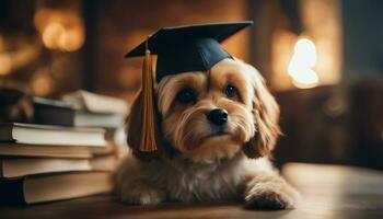 ai gerado cachorro vestindo uma graduação boné ao lado uma pilha do livros foto