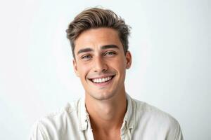 ai gerado uma brilhante e noivando estúdio retrato do uma jovem branco americano masculino modelo, exibindo uma alegre sorrir com perfeito dentes, casual ainda à moda vestuário foto