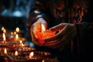 ai gerado fechar-se do mãos iluminação velas e incenso dentro a ortodoxo lar, marcação a Novo ano com tradicional costumes e orações, criando uma sentido do espiritualidade e reverência foto