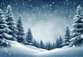 ai gerado inverno país das maravilhas frio azul floresta em uma nevando feriado noite foto