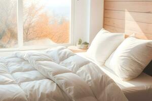 ai gerado uma confortável cama com uma caloroso cobertor. foto