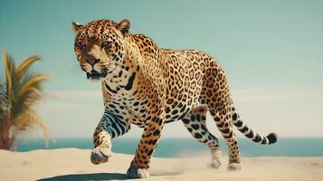 ai gerado leopardo dentro a deserto em a fundo do a céu. foto