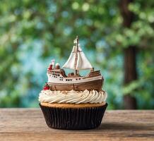 ai gerado Bolinho com uma barco a vela em uma de madeira mesa dentro a jardim foto