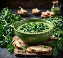 ai gerado caseiro couve sopa com croutons. seletivo foco. foto