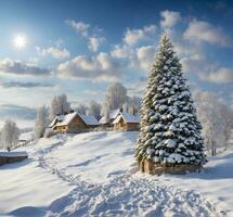 ai gerado lindo inverno panorama com neve coberto abeto árvores e de madeira casas. foto