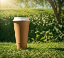 ai gerado descartável café copo em verde Relva fundo. cópia de espaço. foto