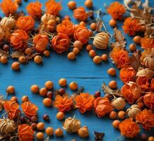 ai gerado outono fundo com physalis, bagas e folhas em uma azul de madeira mesa foto