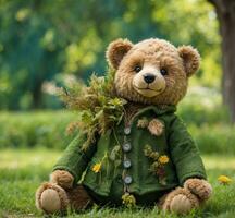 ai gerado Urso de pelúcia Urso com uma ramalhete do dentes de leão dentro a parque foto